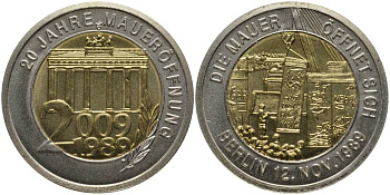 ГЕРМАНИЯ МЕДАЛЬ 2009 СЕРИЯ 20 ЛЕТ ВОССОЕДИНЕНИЯ, БЕРЛИН 12 НОЯБРЯ 1989, СНОС СТЕНЫ, С СЕРТИФИКАТОМ биметалл UNC 02-208-33