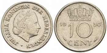 Нидерланды 10 центов 1951 Юлиана (1949-1980) KM 182 никель 4547-824