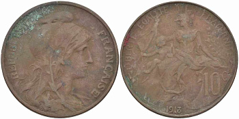 ФРАНЦИЯ 10 САНТИМОВ 1913 ТИП ДАНИЭЛЬ ДЮПЮИ KM 843, LA FRANC 136.23 бронза 109-324