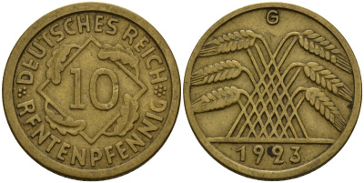 Германия 10 рентенпфеннигов 1923 G KM 33, J. 309 алюминиевая бронза 3336-644
