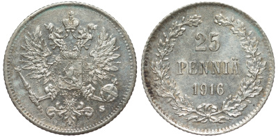 Россия для Финляндии 25 пенни 1916 S, Николай II (1894-1917) KM 6.2, Биткин 421 серебро 75-1318