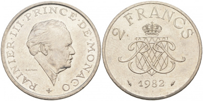 Монако 2 франка 1982 Ренье III (1949-2005) KM 157 никель 73-1637