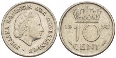 Нидерланды 10 центов 1951 Юлиана (1949-1980) KM 182 никель 4547-824