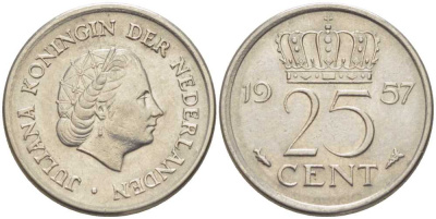 Нидерланды 25 центов 1957 Юлиана (1949-1980) KM 183 никель 214-926