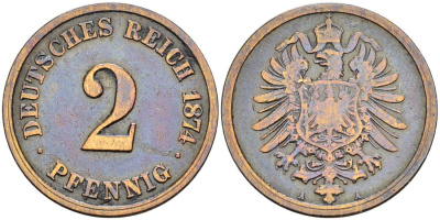 ГЕРМАНИЯ 2 ПФЕННИГА 1874 А, СТАРОГЕРБОВКА KM 2, Jager 2, Weege 3 медь 4546-531