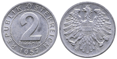 АВСТРИЯ 2 ГРОША 1957 KM 2876 алюминий 26-1147