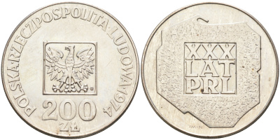 Польша 200 злотых 1974 MW, 30 лет Народной Республике KM 72, Parchimowicz 304а серебро 4590-1121