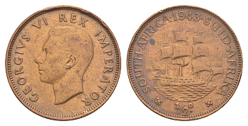 ЮАР 1/2 пенни 1943 Георг VI (1936-1952) KM 24 бронза 4603-256