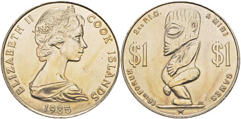 Острова Кука 1 доллар 1985 статуя бога Тангароа (полинезийский бог морской стихии) KM 30 медно-никель UNC 1085-7-33