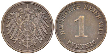 ГЕРМАНИЯ 1 ПФЕННИГ 1914 A KM 10, J. 10 медь 112-1122