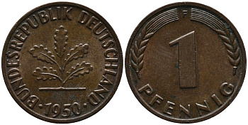 ФРГ 1 пфенниг 1950 F KM 105, J.380 сталь плакированная медью 99-251