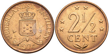 Нидерландские Антилы 2 1/2 цента 1974 Юлиана (1948-1980) KM 9 бронза 4177-343