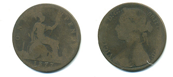 Великобритания 1 пенни 1877 Виктория (1837-1901) KM 755, Spink 3954 бронза 4383-524