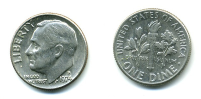 США 10 центов (дайм) 1974 D, Франклин Рузвельт KM 195а медь плакированная медно-никелем 54-334