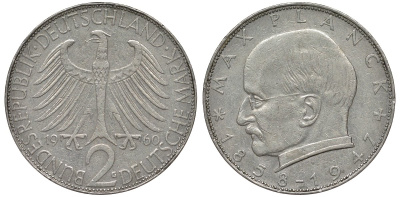 ФРГ 2 марки 1960 G, Макс Планк KM 116, J. 392 медно-никель плакированный никелем 72-246