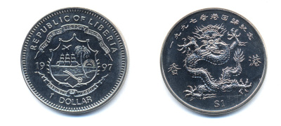 Либерия 1 доллар 1997 год дракона KM 407 медно-никель UNC M4-09