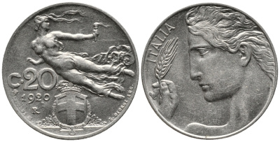ИТАЛИЯ 20 ЧЕНТЕЗИМО 1920 R KM 44 никель 34-1232