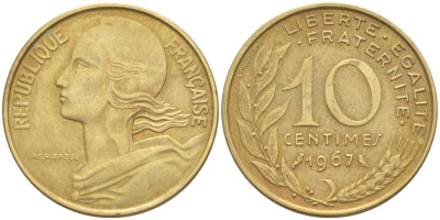 Франция 10 сантимов 1967 тип Marianne KM 929, Le Franc 144.7 медь алюминий никель 212-1237