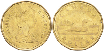 Канада 1 доллар 1989 утка, Елизавета II KM 157 никель плакированный алюминиевой бронзой 63-633