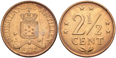 Нидерландские Антилы 2 1/2 цента 1974 Юлиана (1948-1980) KM 9 бронза 4177-343