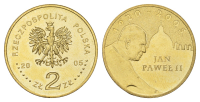 Польша 2 злотых 2005 Папа римский Иоанн Павел II Y 525 нордик UNC 3459-711
