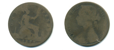 Великобритания 1 пенни 1877 Виктория (1837-1901) KM 755, Spink 3954 бронза 4383-524
