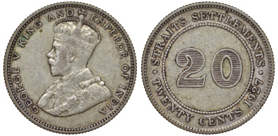 Стрейтс-Сетлментс 20 центов 1927 Георг V (1910-1936) КМ 30b серебро 53-817