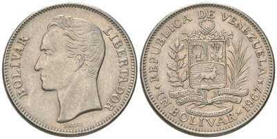 Венесуэла 1 боливар 1967 Симон Боливар KM 42 никель 4175-1125