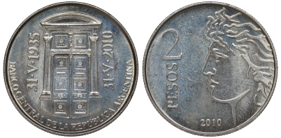 Аргентина 2 песо 2010 75 лет Центральному Банку KM 162 медно-никель UNC 4394-946