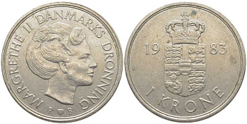 Дания 1 крона 1983 R;B, Маргрете II (1972-) KM 862.3 медно-никель 113-915