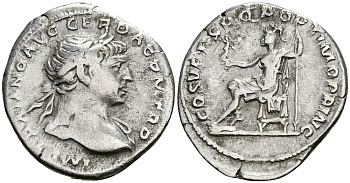 Римская Империя денарий 103 - 111 Траян COS V PP SPQR OPTIMO PRINC Рома, держащая Викторию Рим Very fine RIC 116 серебро 1073-4-52