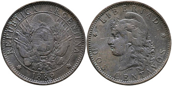 Аргентина 2 сентаво 1889 голова Свободы влево KM 8 бронза 4531-544