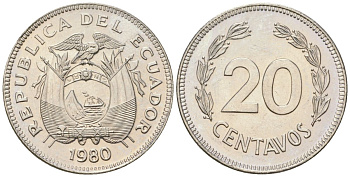 Эквадор 20 сентаво 1980 KM 77.2a сталь плакированная никелем aUNC 4611-723