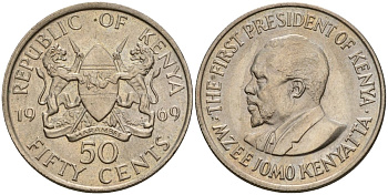 Кения 50 центов 1969 Джомо Кениата KM 13 медно-никель aUNC 4118-556