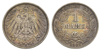Германия 1 марка 1907 E, Вильгельм II (1888-1918) KM 14, J. 17 серебро 4657-1046
