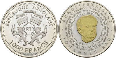 Того 1000 франков 2004 федеральный президент (1999-2004), Йоханнес Рау, позолота серебро PROOF 04-318-35