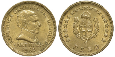 Уругвай 1 песо 1965 KM 46 алюминиевая бронза 106-1147