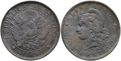 Аргентина 2 сентаво 1889 голова Свободы влево KM 8 бронза 4531-544