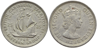 Британские Восточно-Карибские территории 25 центов 1965 Елизавета II (1952-2022), парусник KM 6 медно-никель 83-1316