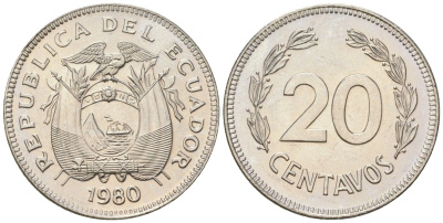 Эквадор 20 сентаво 1980 KM 77.2a сталь плакированная никелем aUNC 4611-723
