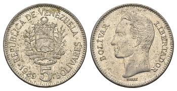 Венесуэла 5 боливаров 1989 Симон Боливар, толстый шрифт Y 53a.2 сталь плакированная никелем 4661-316