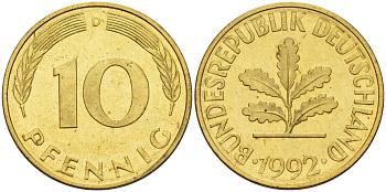 ФРГ 10 пфеннигов 1992 D KM 108, J. 383 сталь плакированная латунью 4175-1222
