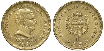 Уругвай 1 песо 1965 KM 46 алюминиевая бронза 92-1242