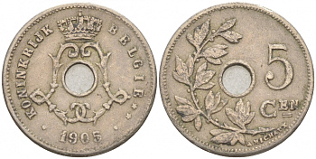 БЕЛЬГИЯ 5 САНТИМОВ 1905 BELGIE KM 55 медно-никель 4549-1027