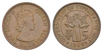 Кипр 5 милей 1956 Елизавета II (1952-2022) KM 34 бронза 4648-1017