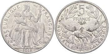 Французская Новая Каледония 5 франков 2008 птица кагу, (IEOM) KM 16, Schoen 12, Lec 81k алюминий 221-524