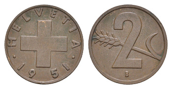 Швейцария 2 раппена 1951 B KM 47 бронза 4630-637