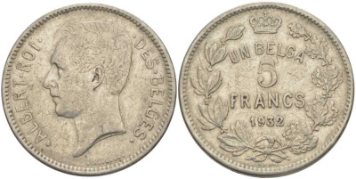 БЕЛЬГИЯ 5 ФРАНКОВ 1932 АЛЬБЕРТ I, DES BELGES KM 97.1 никель 3851-231
