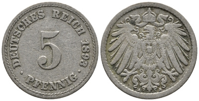 ГЕРМАНИЯ 5 ПФЕННИГОВ 1893 A KM 11, J. 12 медно-никель 39-648