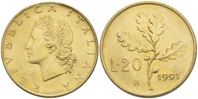 ИТАЛИЯ 20 ЛИР 1991 R, ДУБОВЫЕ ЛИСТЬЯ KM 97.2 алюминиевая бронза 4551-331